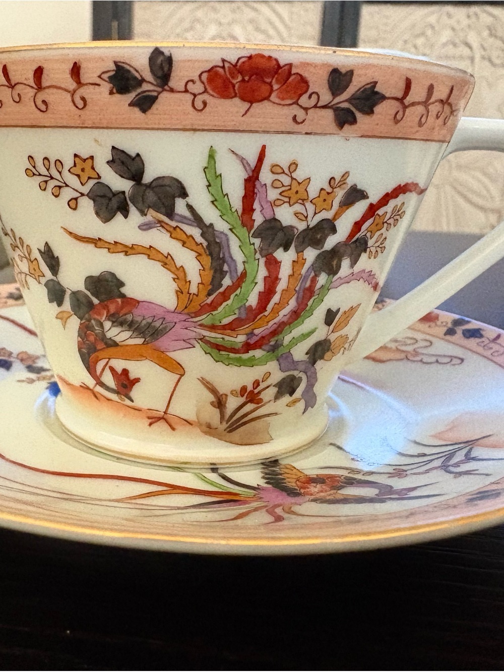 Vintage Hand Painted Japanese Teacup & Saucer - Multicolor Floral & Bird Design